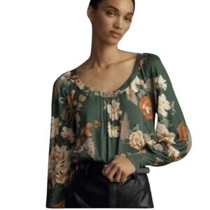 Anthropologie Tiny Floral Green Scoop Neck Top Size S
